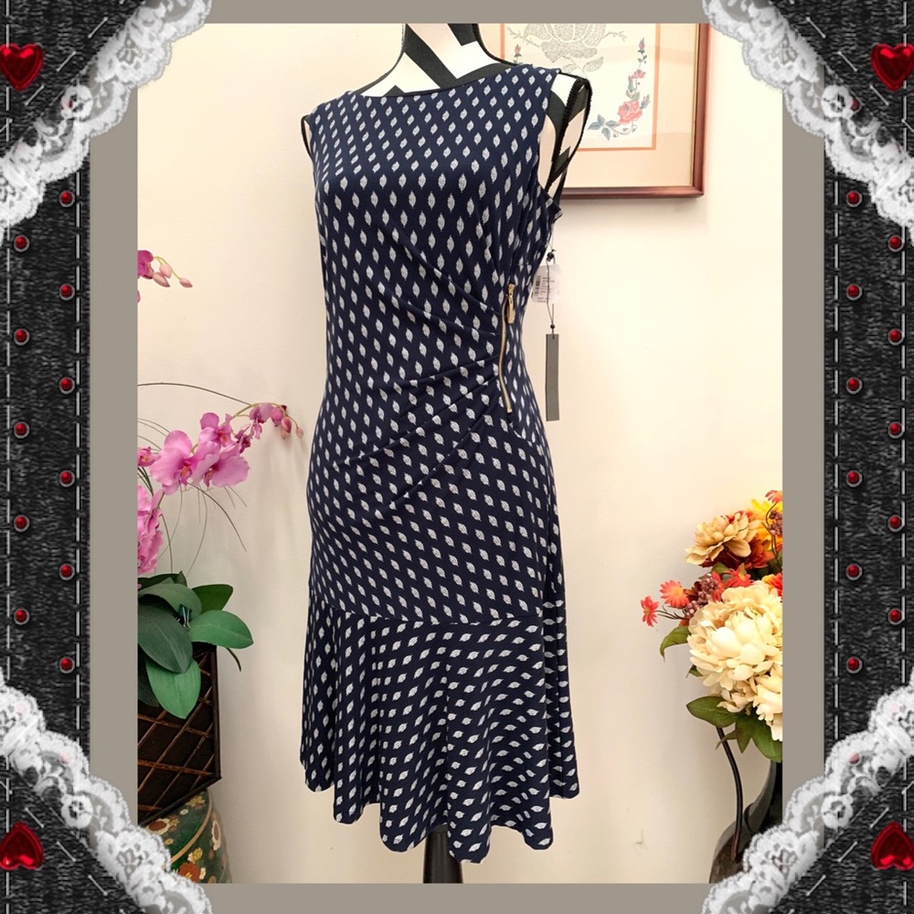 Ivanka Trump Side Zip Ruched Ruffle Print Dress